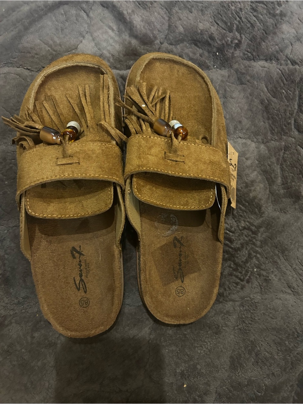 Women’s Brown Suede Fringe Slide Sandals -seven 7